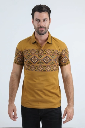 Mens Modern Fit Stretch Cotton Camel Polo with Aztec Print Versatile Style Comfortable Look