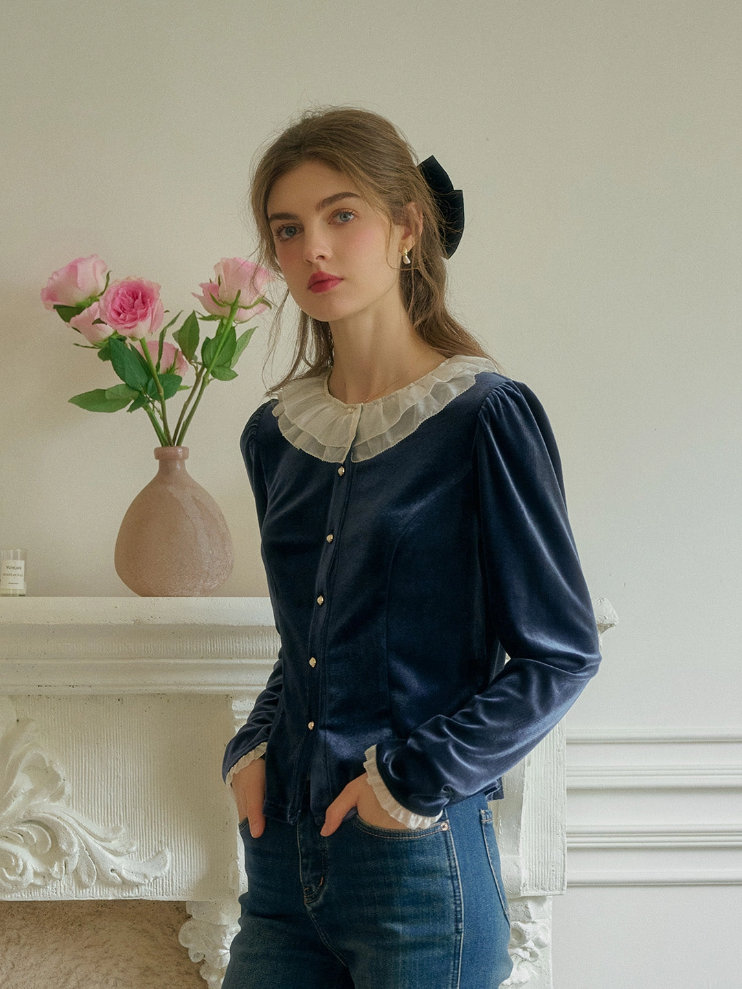 Summer Wear TaglessLabel Azaria Lace Collar Contrasting Velvet Top - Blue