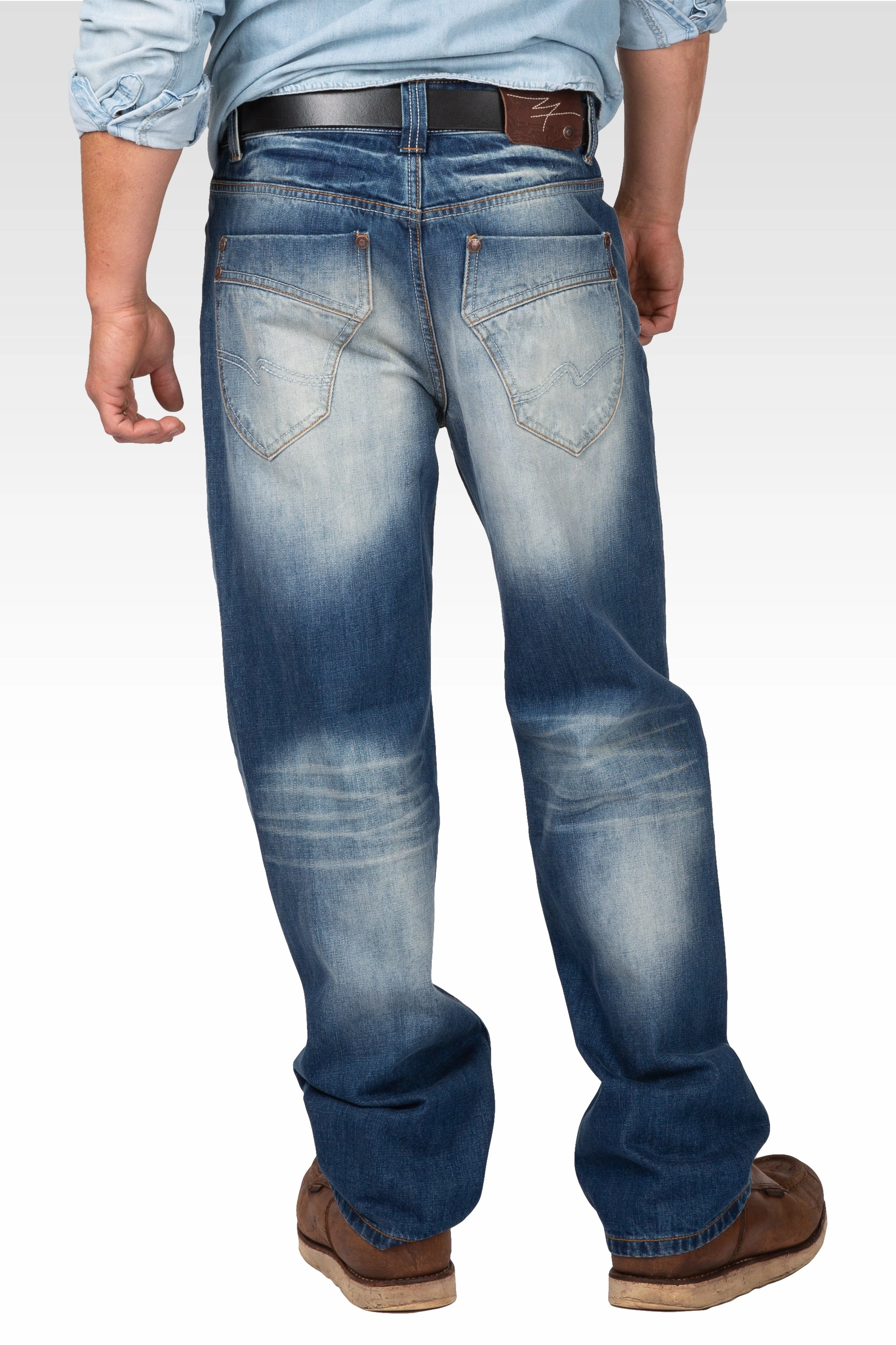Midrise Relaxed Bootcut Blue Boy Wash Premium Denim Jeans Whiskering Hand Sanded EasyCareMaterial