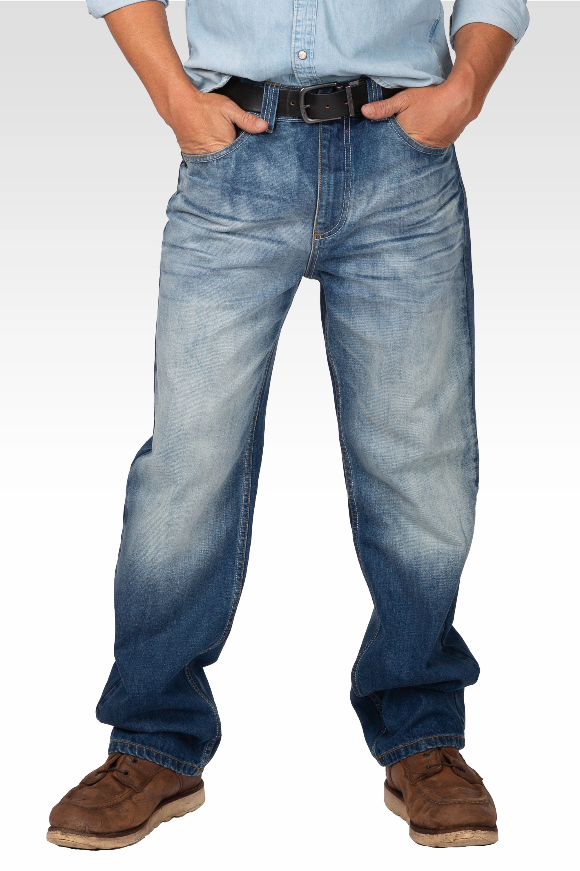 Easy Wear Happy Core Midrise Relaxed Bootcut Blue Boy Wash Premium Denim Jeans Whiskering Hand Sanded