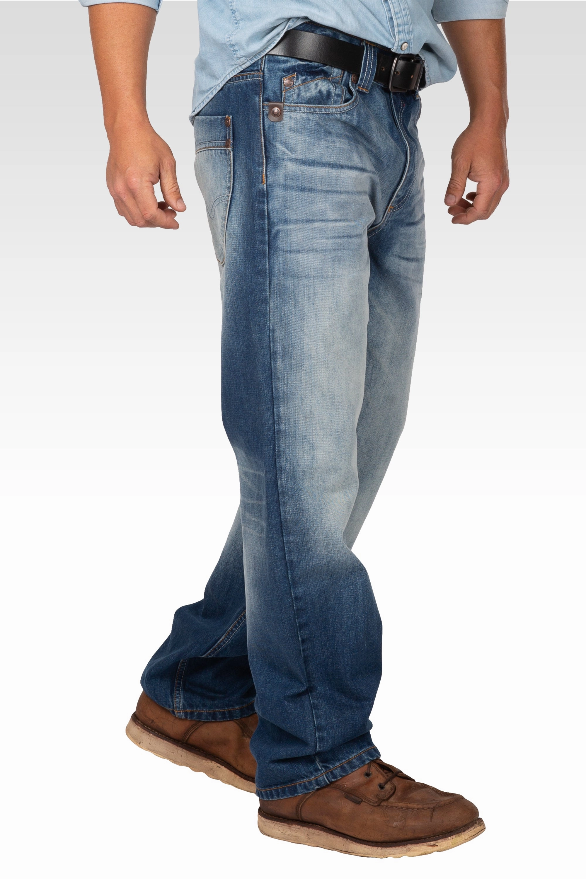 Midrise Relaxed Bootcut Blue Boy Wash Premium Denim Jeans Whiskering Hand Sanded WaterRepellent Surface Warm Jacket