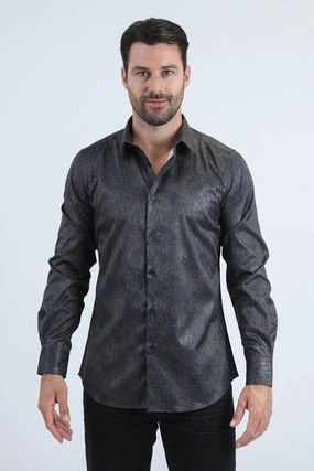 Mens Modern Fit Stretch Foil Fashion Navy Shirt Multi Functional Pockets Chic Ensemble