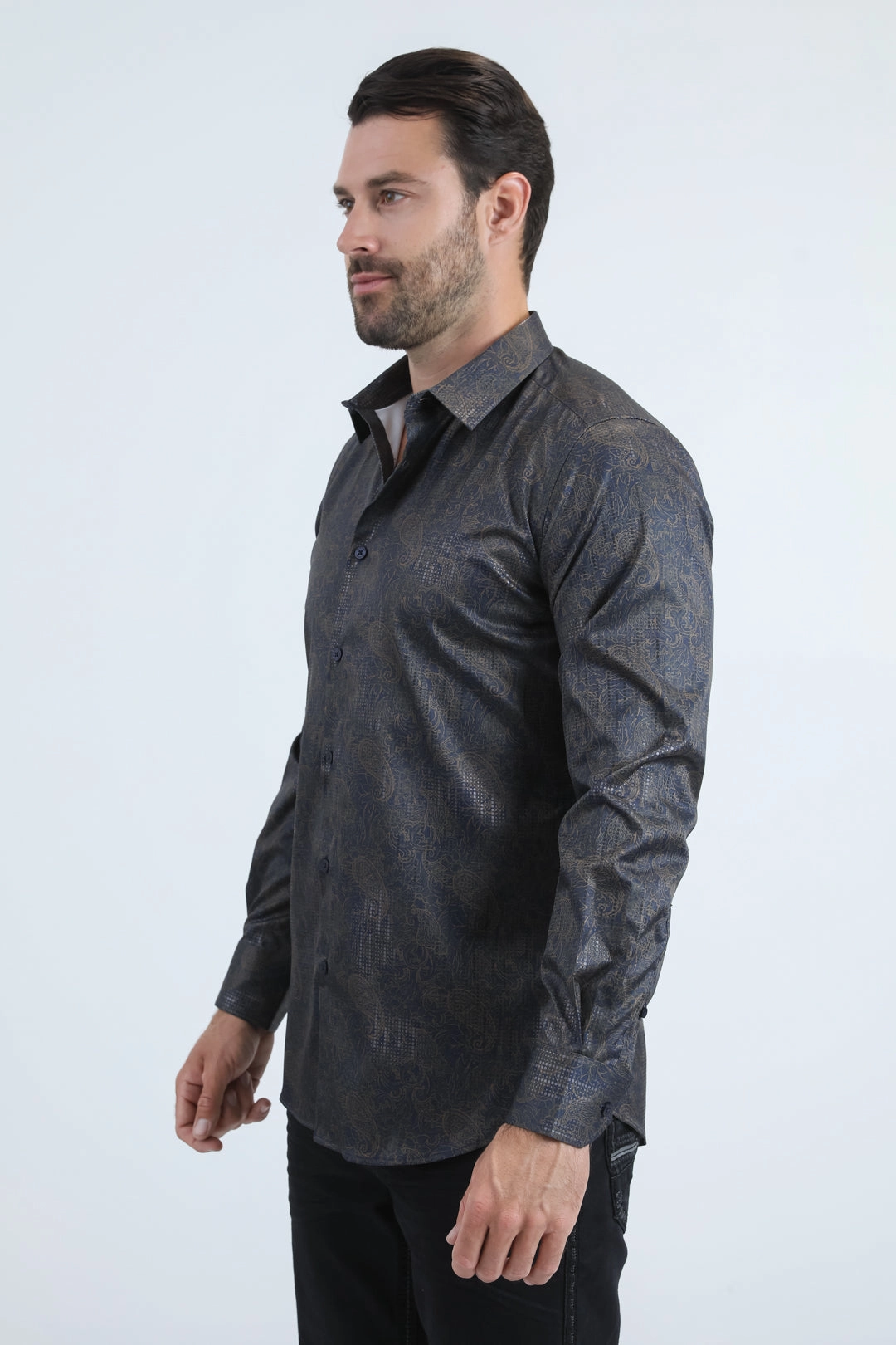 Breathable Fit Classic Comfort Mens Modern Fit Stretch Foil Fashion Navy Shirt