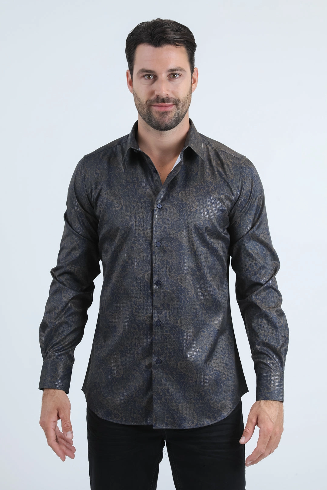 Mens Modern Fit Stretch Foil Fashion Navy Shirt Multi Functional Pockets Chic Ensemble