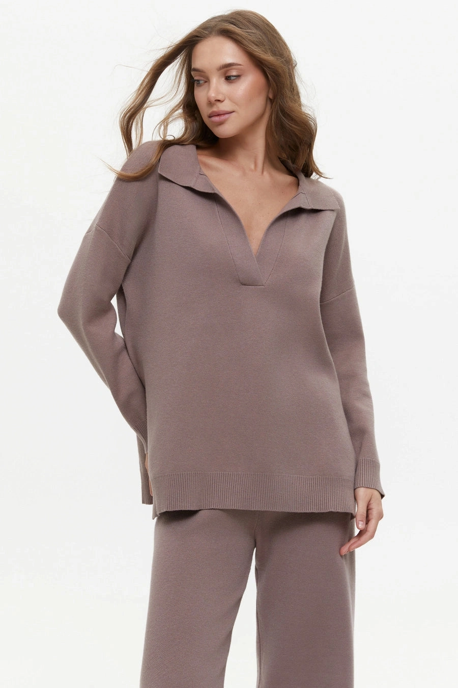 Rain Fit Two piece beige suit with Relaxed Fit Polo Sweater and Palazzo Pants