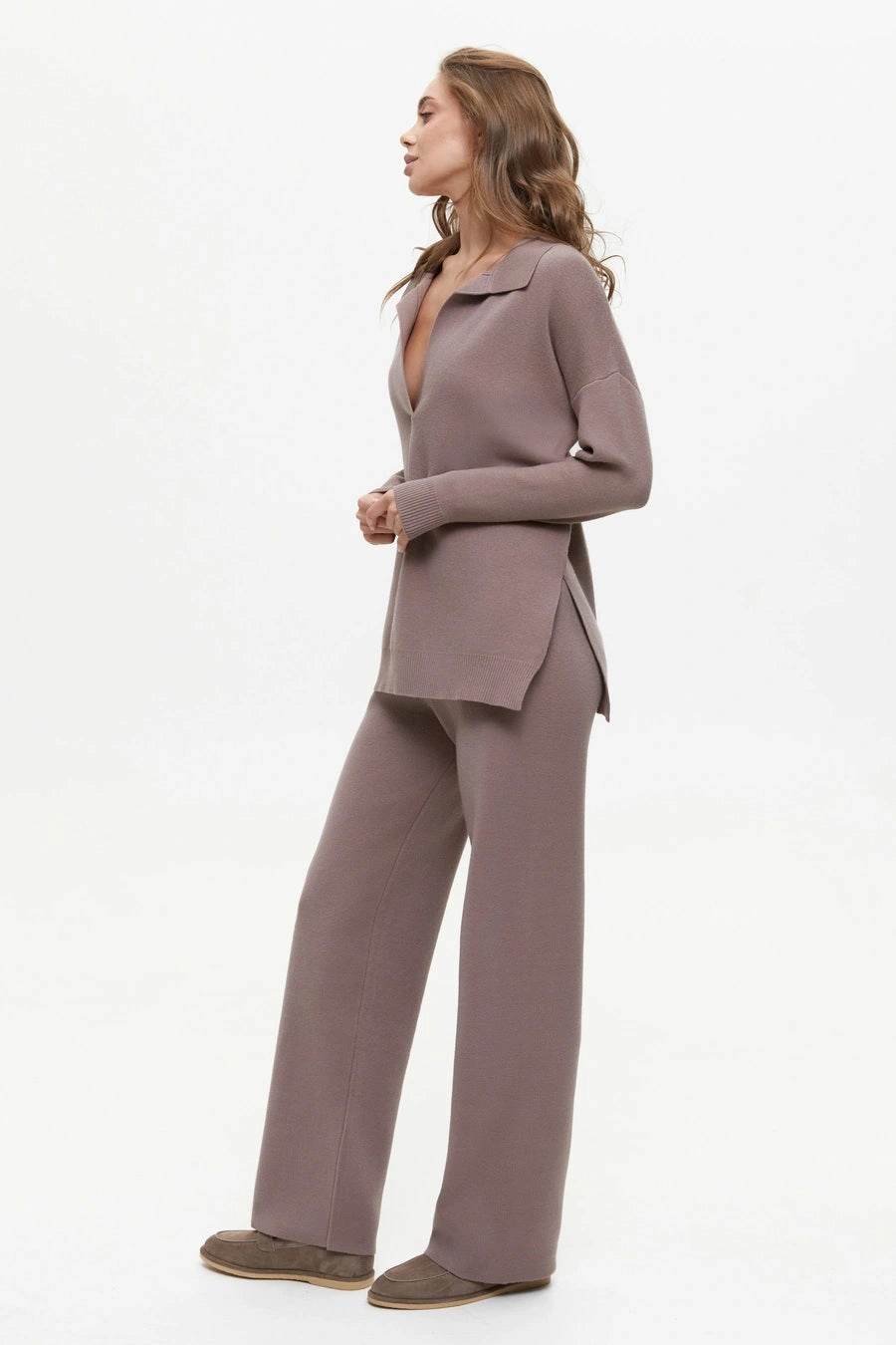 Friend Vibe Two piece beige suit with Relaxed Fit Polo Sweater and Palazzo Pants