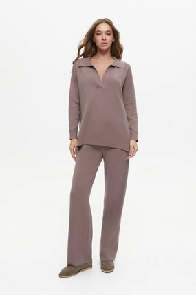 Two piece beige suit with Relaxed Fit Polo Sweater and Palazzo Pants Fashionable Skirt