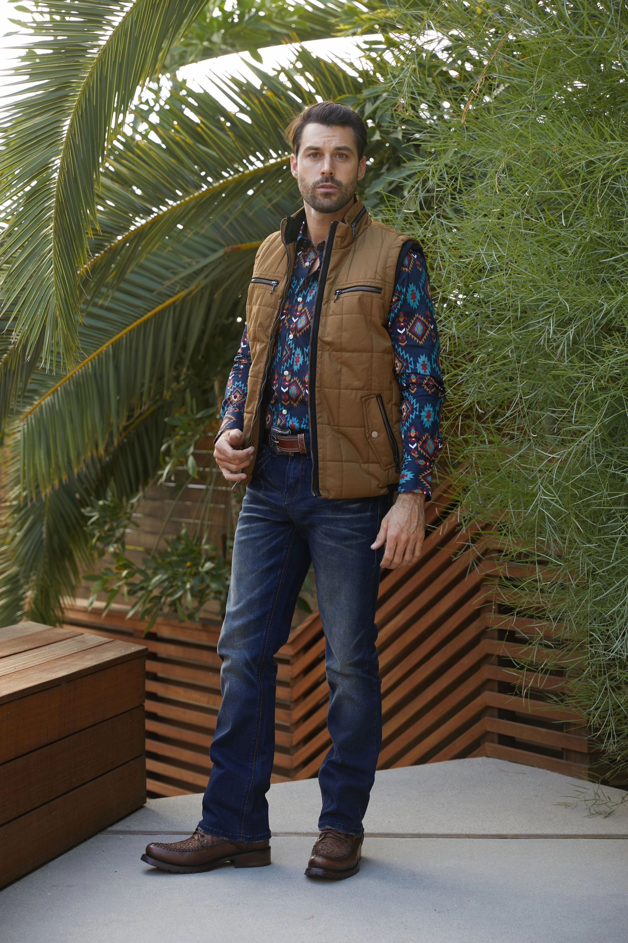 Men's Quilted Fur Lined Vest - Camel Taped Edges