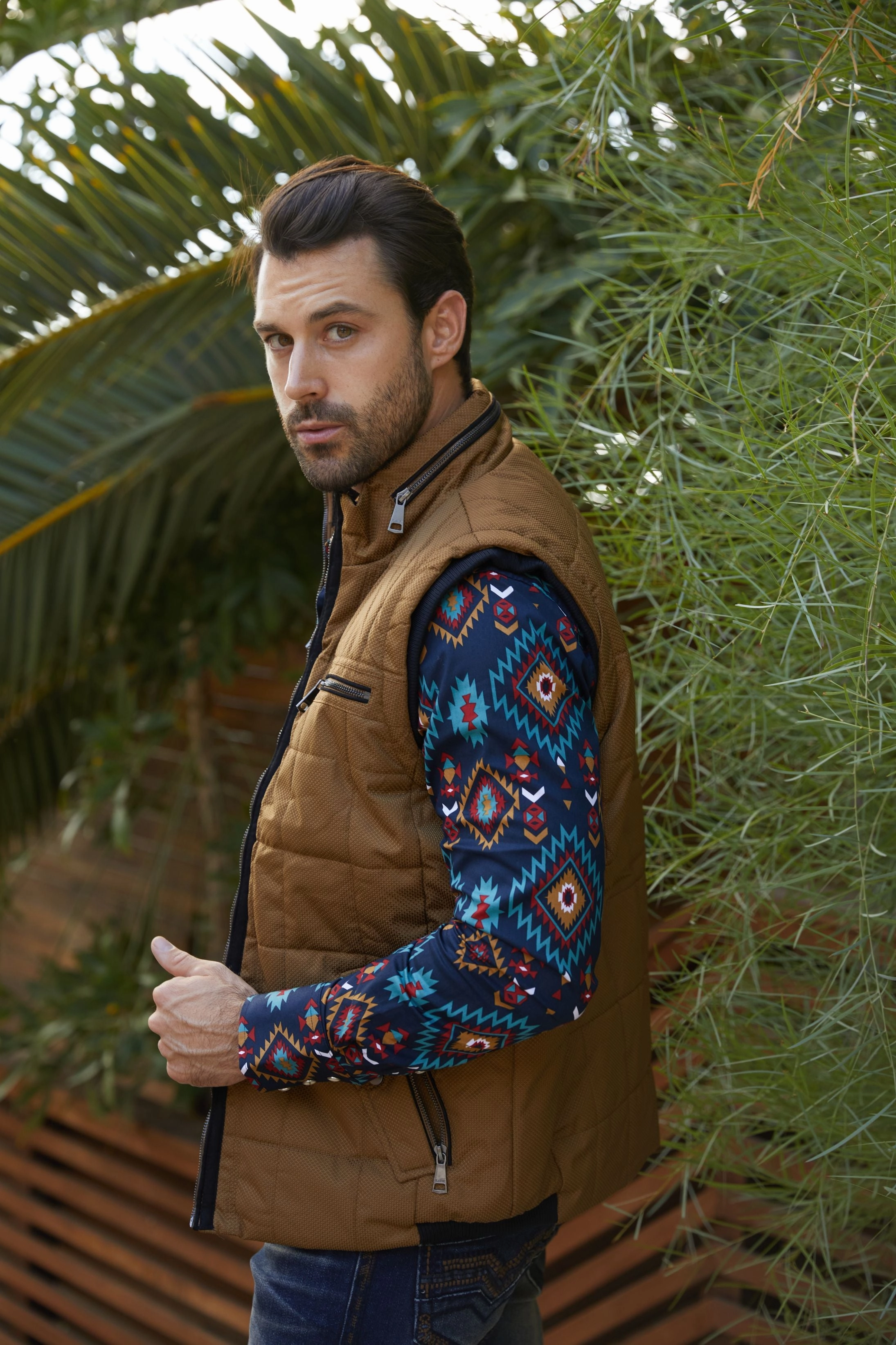 Men's Quilted Fur Lined Vest - Camel Modular Layering System Soft Layers