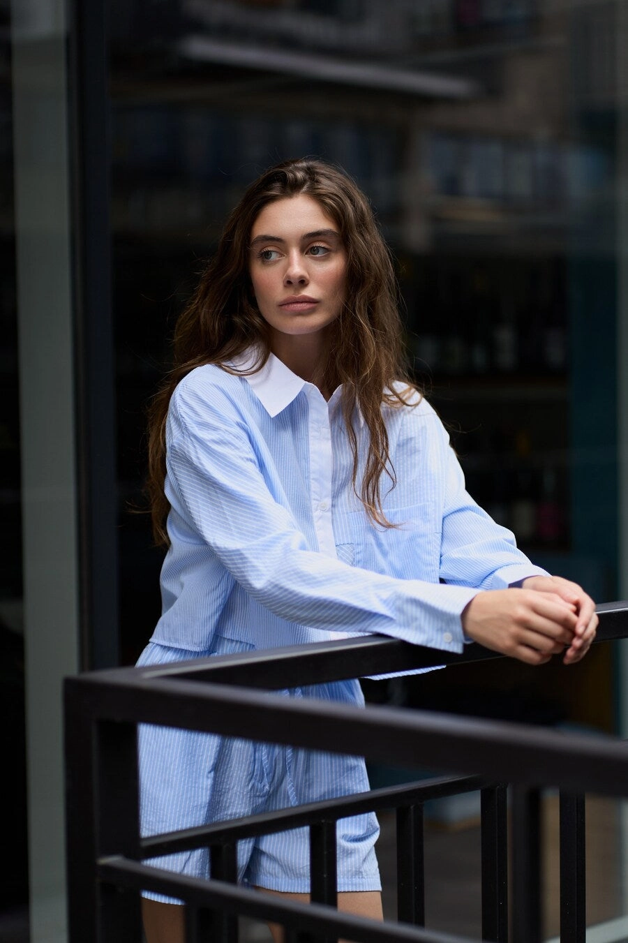 Blue Stripe Cropped Shirt Tailored Cut