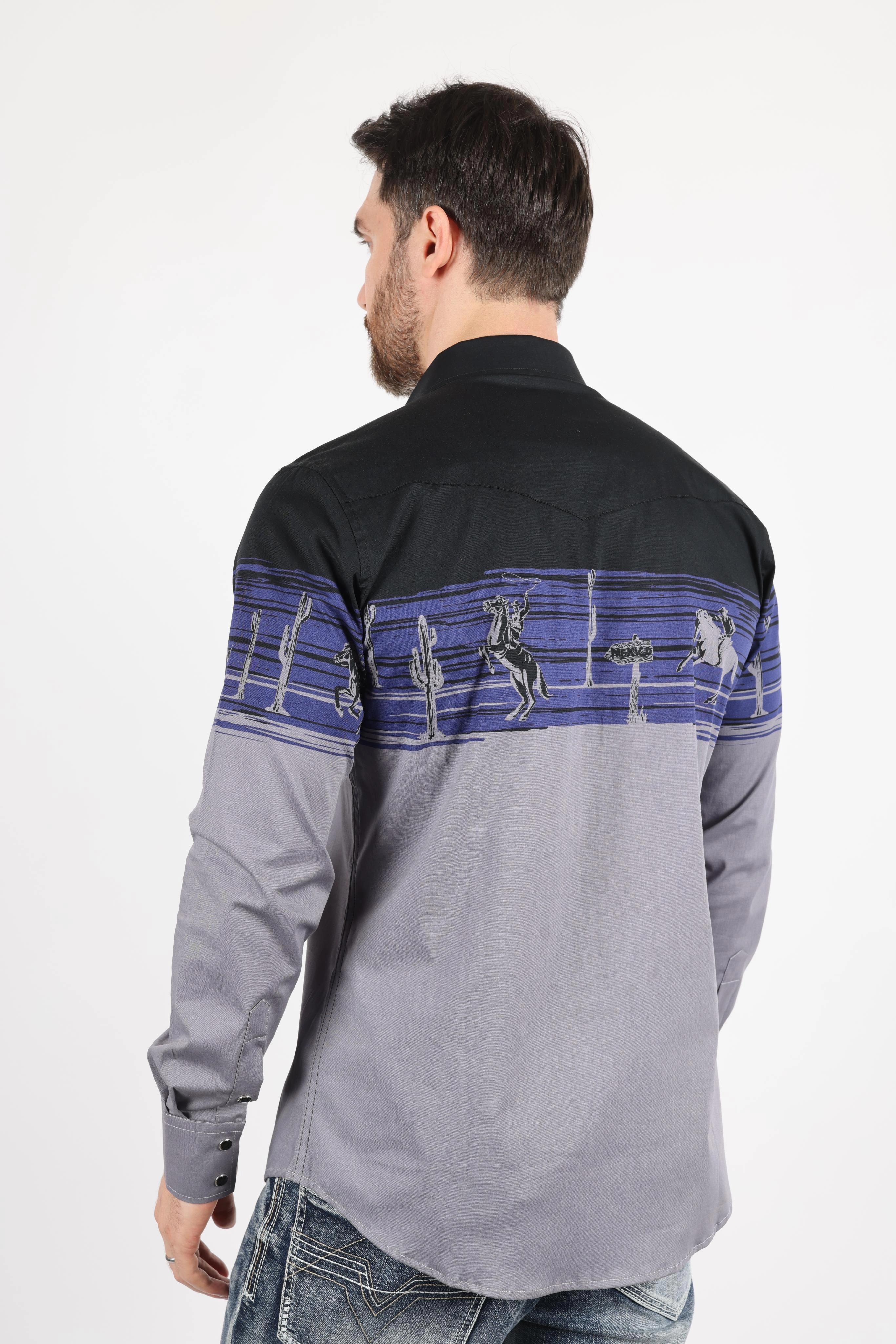 All Purpose Weave Design Lightweight texture Men's Modern Fit Cotton Stretch Rodeo Panoramic Print Shirt