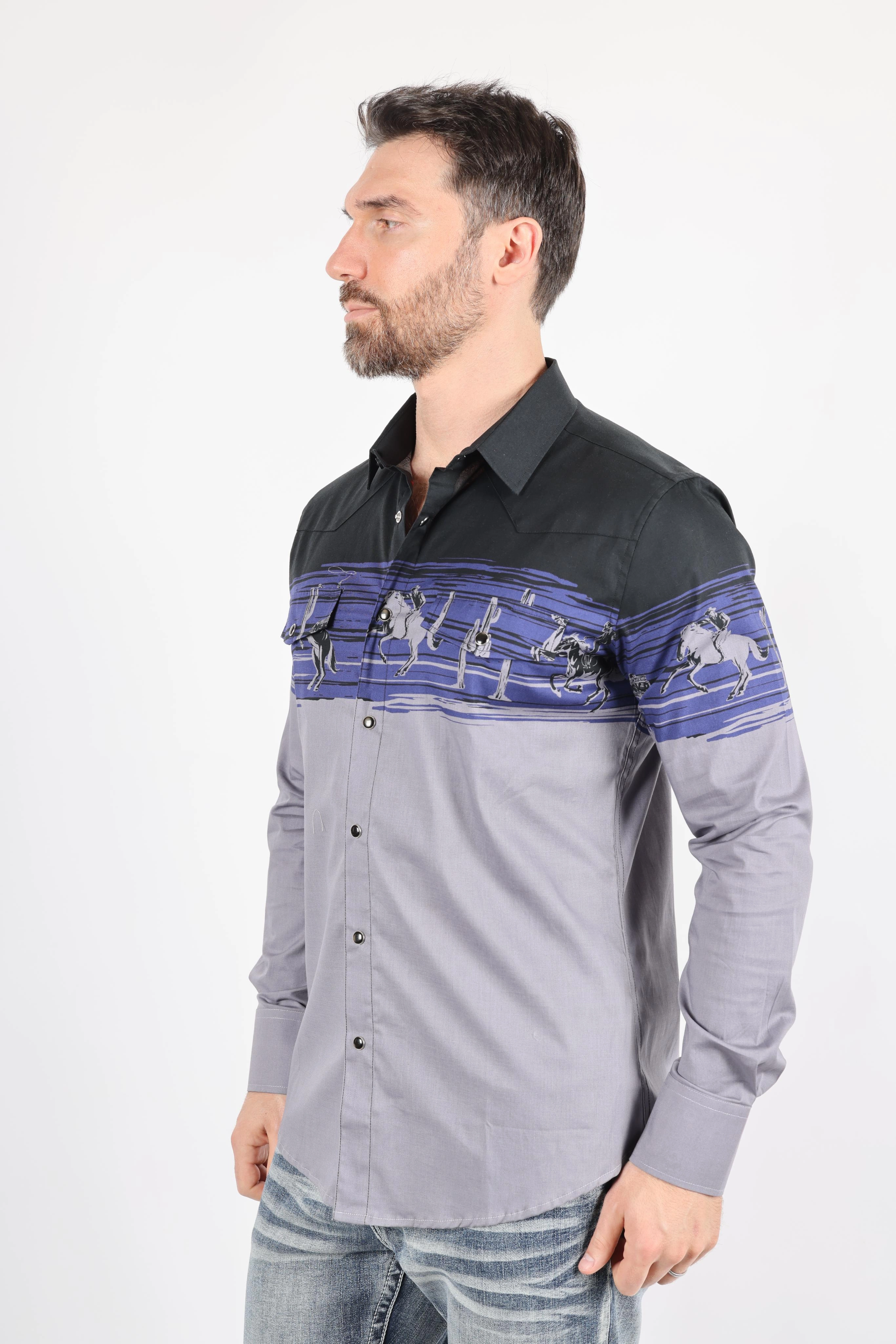 Evening Elegance High Density Weave Men's Modern Fit Cotton Stretch Rodeo Panoramic Print Shirt