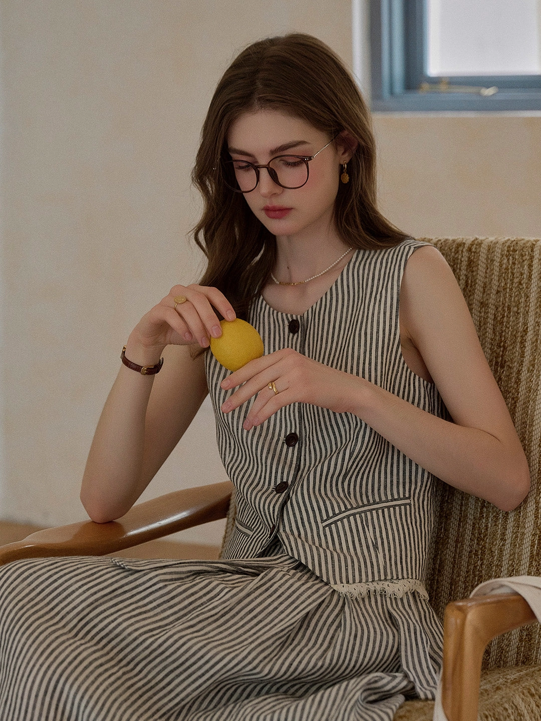 Sofia Round Neck Stripe 100% Linen Vest Practical Shorts