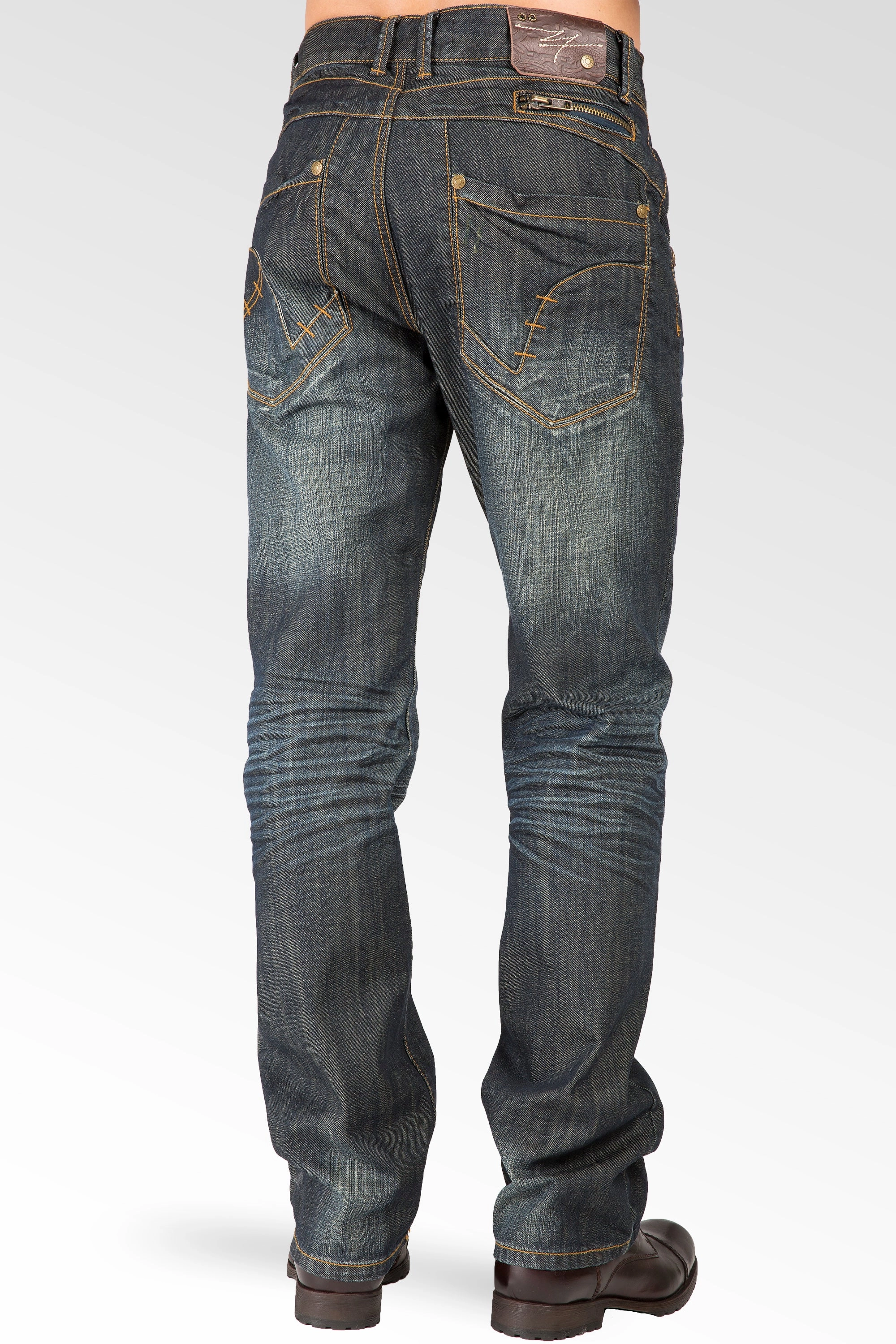 Stretchable Waistband Lake Glow Relaxed Straight Dark Vintage Hand Rub Premium Denim Jeans Zipper Trim Pocket