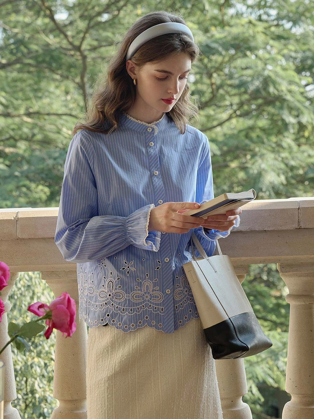 AntiPilling Fabric CompressionKnit Selena Contrast Lace Mock Neck Hollow Embroidered Blouse