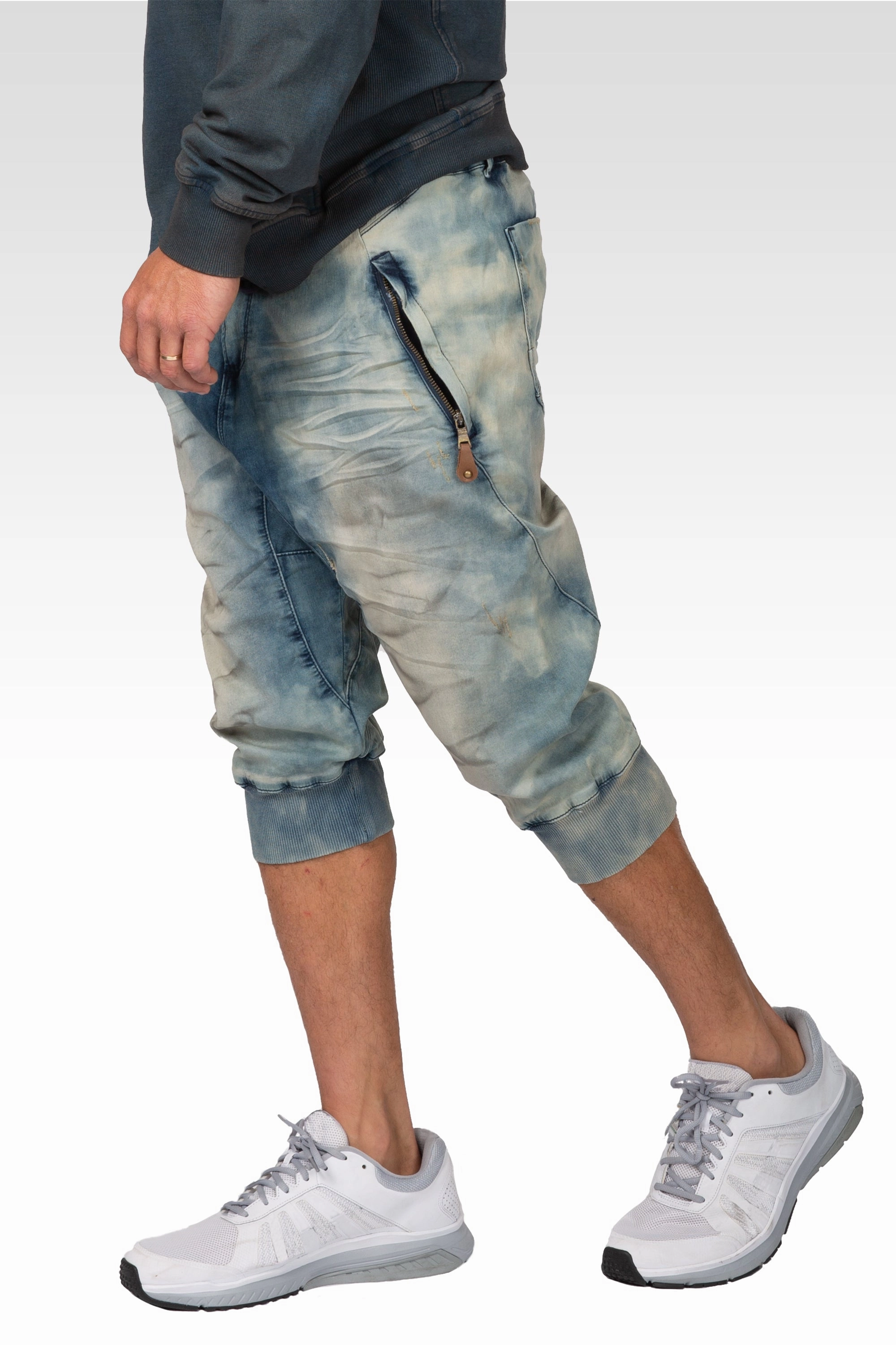 Tinted Clouded Blue Premium Knit Denim Zip Pocket 18" Jogger Capri Rib Bottom RecycledBlend