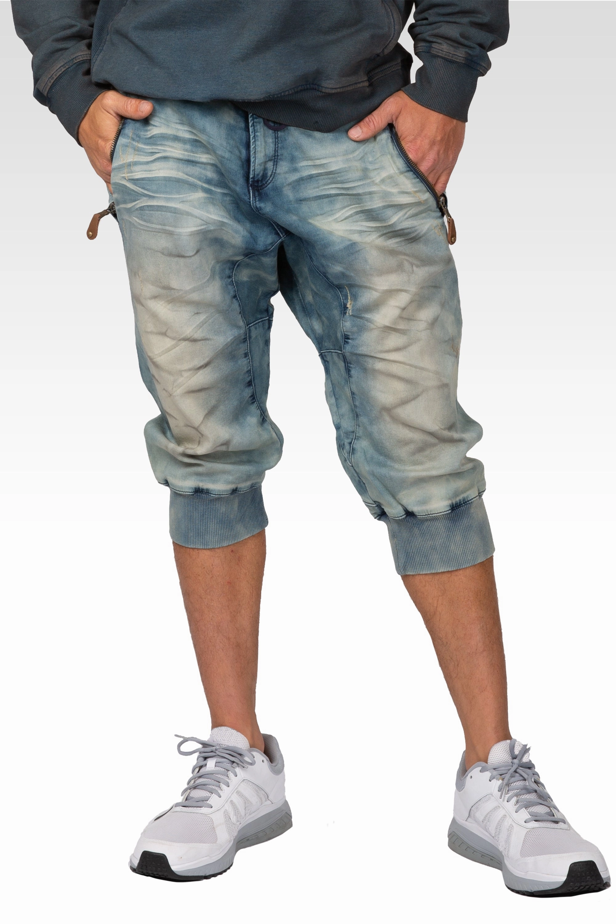 Tinted Clouded Blue Premium Knit Denim Zip Pocket 18" Jogger Capri Rib Bottom breathable materials