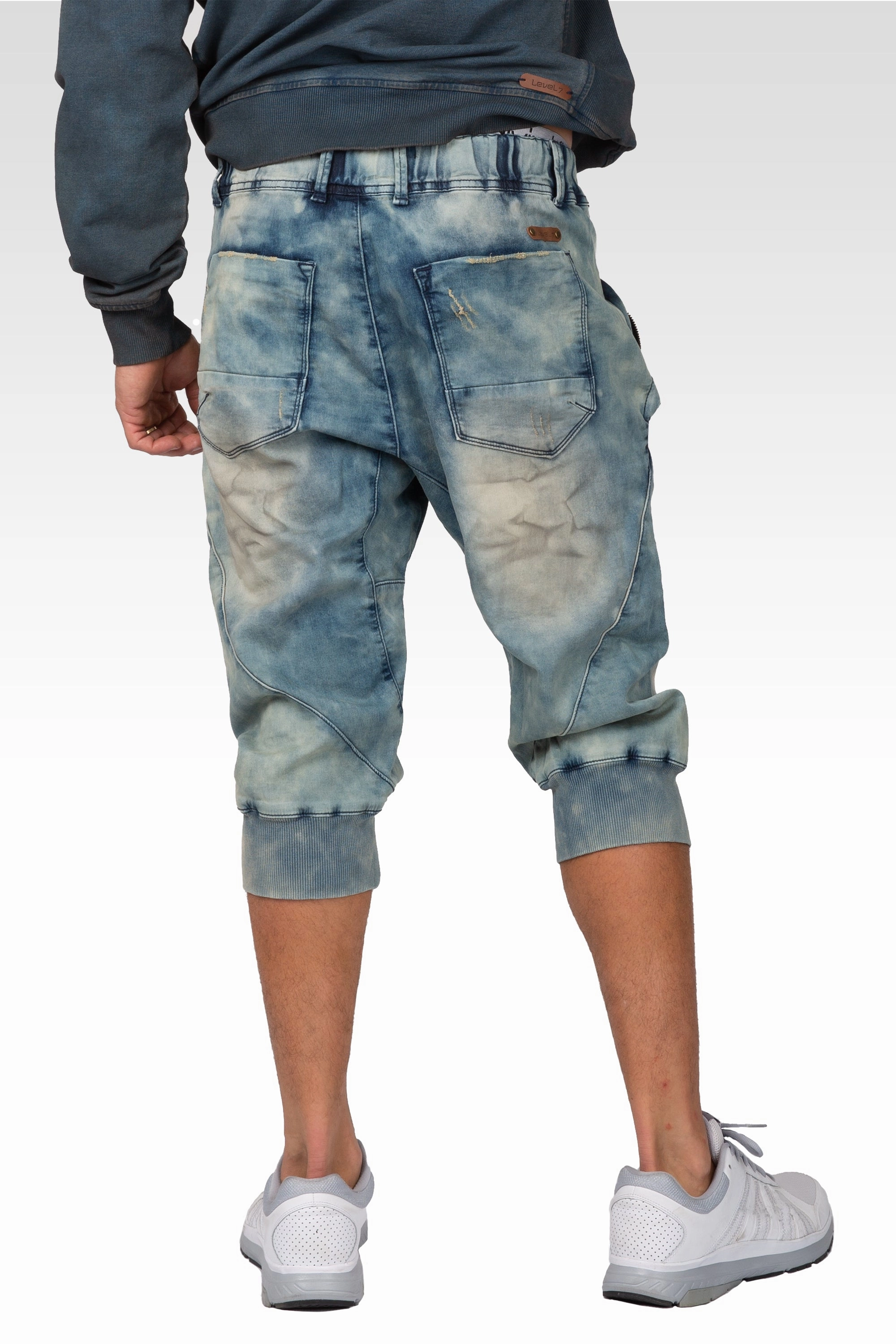 Pearl Tone Tinted Clouded Blue Premium Knit Denim Zip Pocket 18" Jogger Capri Rib Bottom