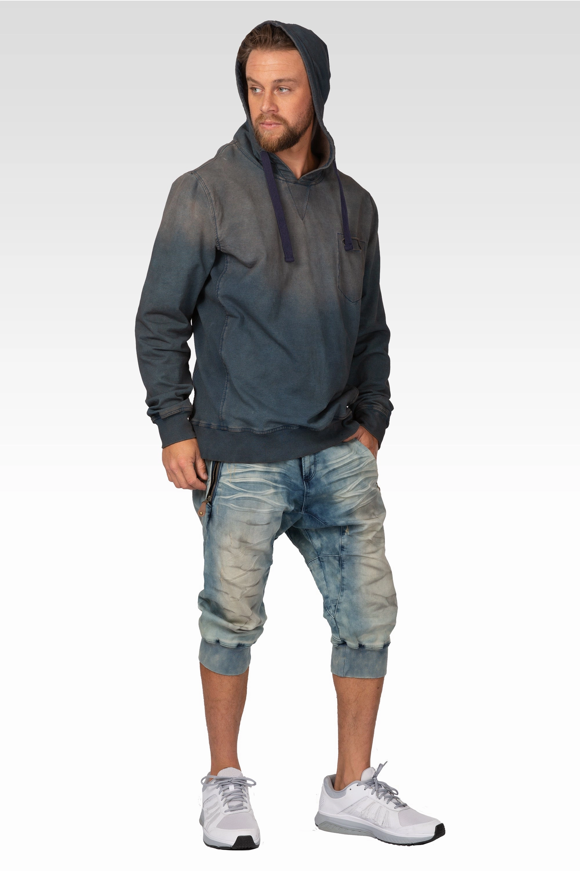 Tinted Clouded Blue Premium Knit Denim Zip Pocket 18" Jogger Capri Rib Bottom Senior Ease