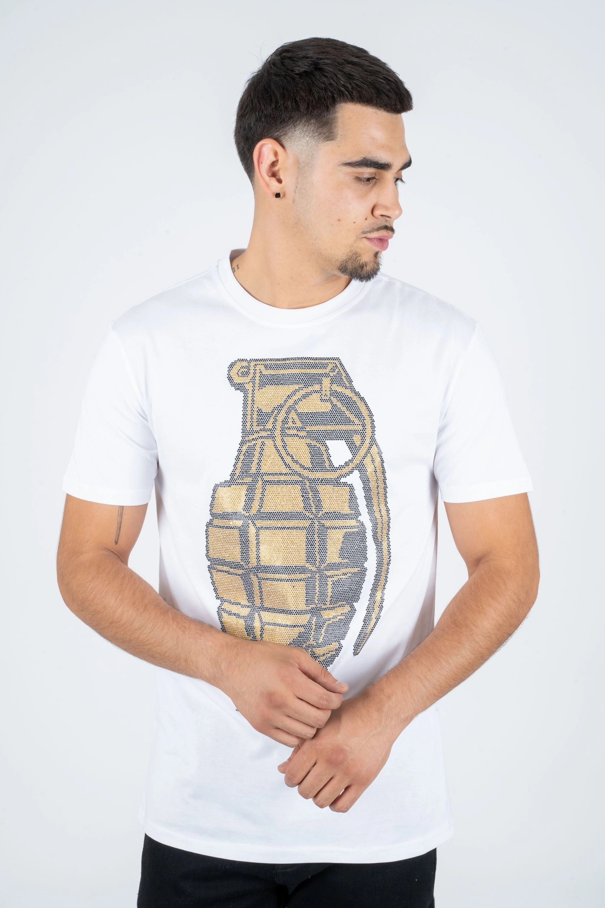 Subtle Logo Placement Timeless Wear Men's Cotton White Rhinestone T-shirt