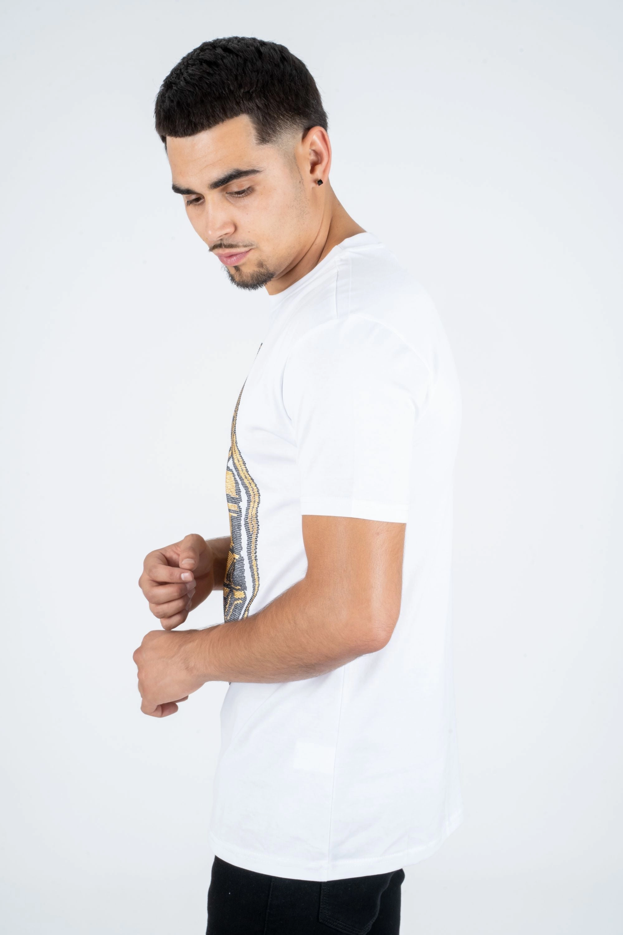 TexturedWeavePattern Men's Cotton White Rhinestone T-shirt