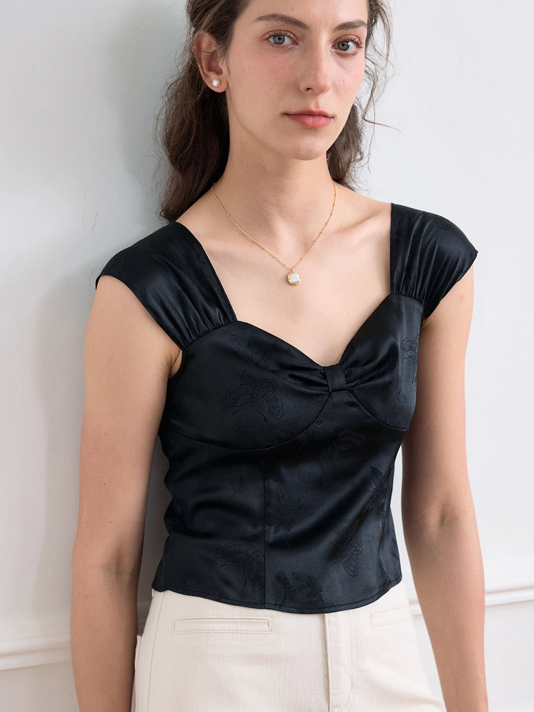 Coastal Chic Michaela Solid Sweetheart Neck Satin Blouse