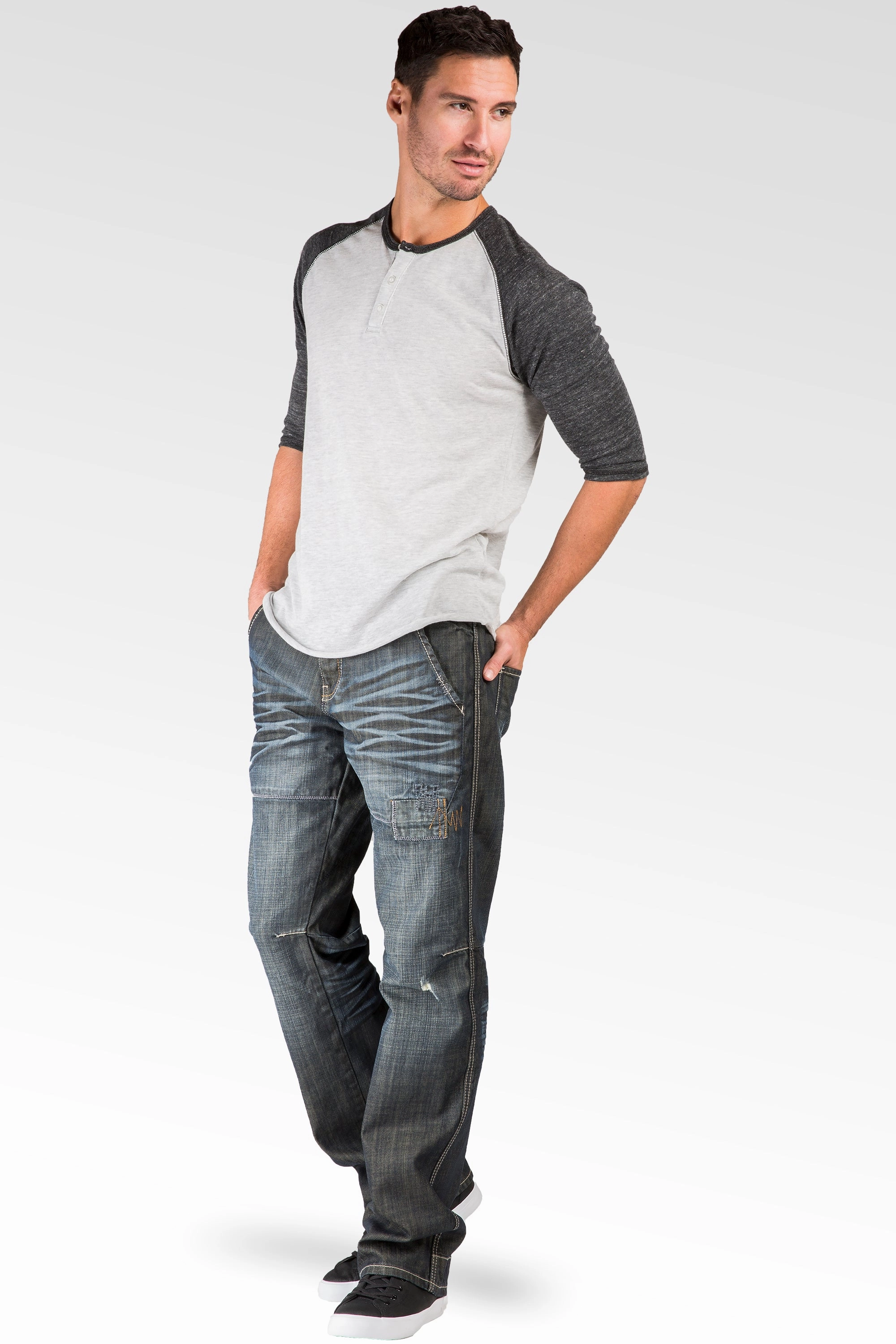 Relaxed Straight Dark Wrinkle Wash Ripped & Repaired Premium Denim Jeans Inner Glow