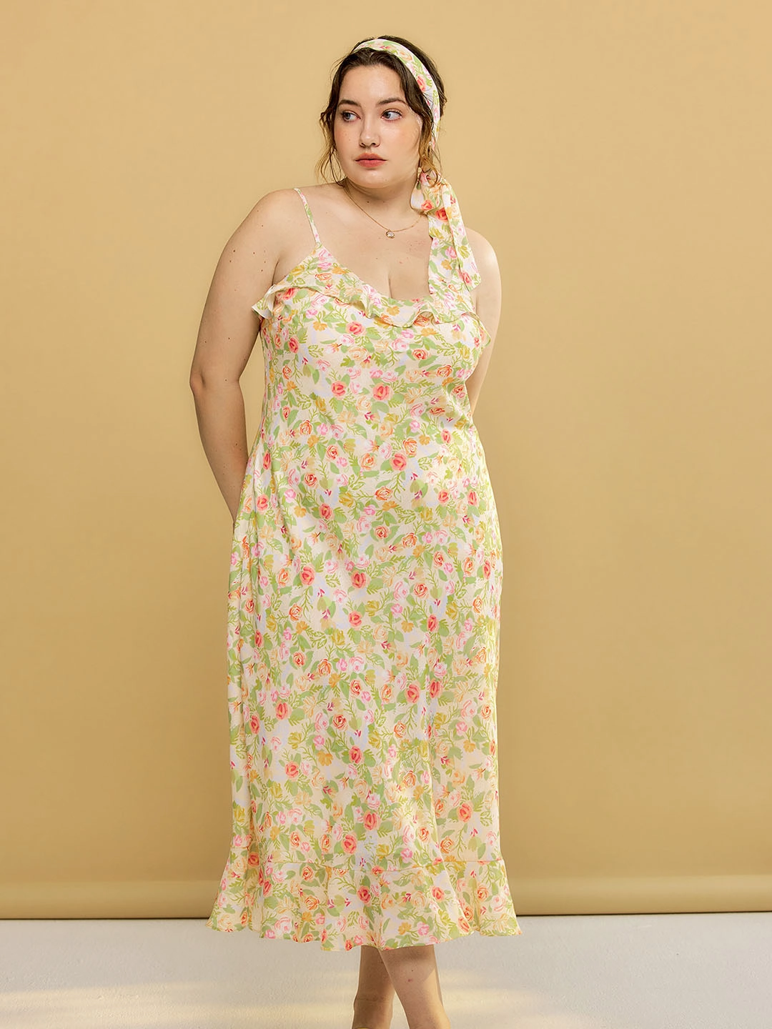 Silk Glow NoSlipWaistband ??Final Sale??Plus Size Kama Floral Chiffon Slip Dress