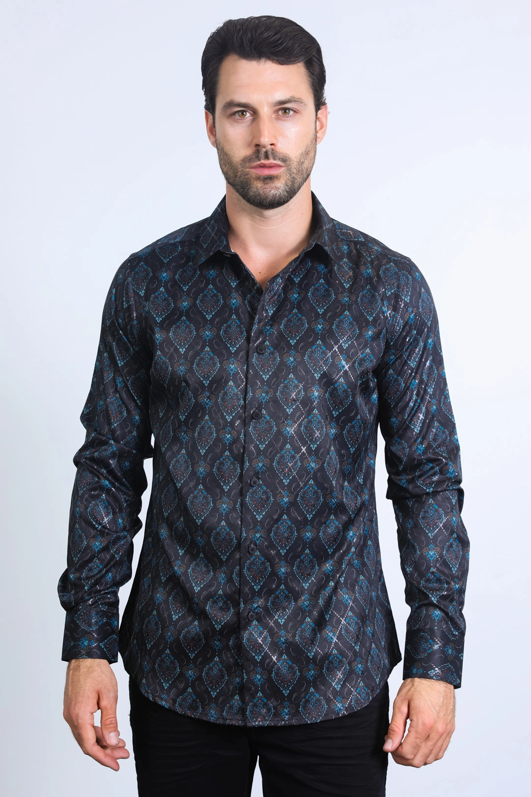 Mens Modern Fit Stretch Foil Fashion Black/Black Shirt Abrasion Resistant Edges