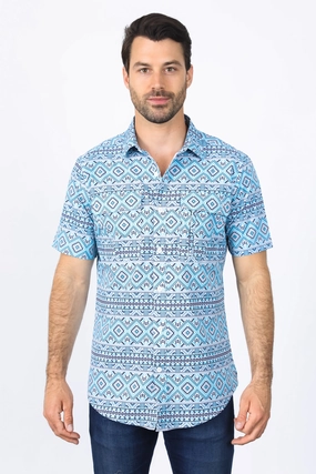 Lakeside Relaxation Casual Vibe Mens Performance Classic Fit Western Short Sleeve Aztec Print White/Blue Shirt