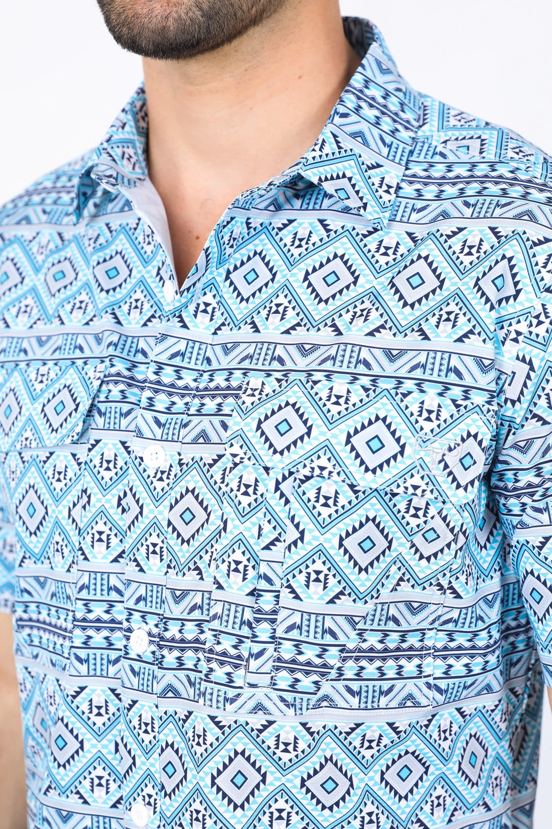 Ventilated Back Smart Appearance Mens Performance Classic Fit Western Short Sleeve Aztec Print White/Blue Shirt