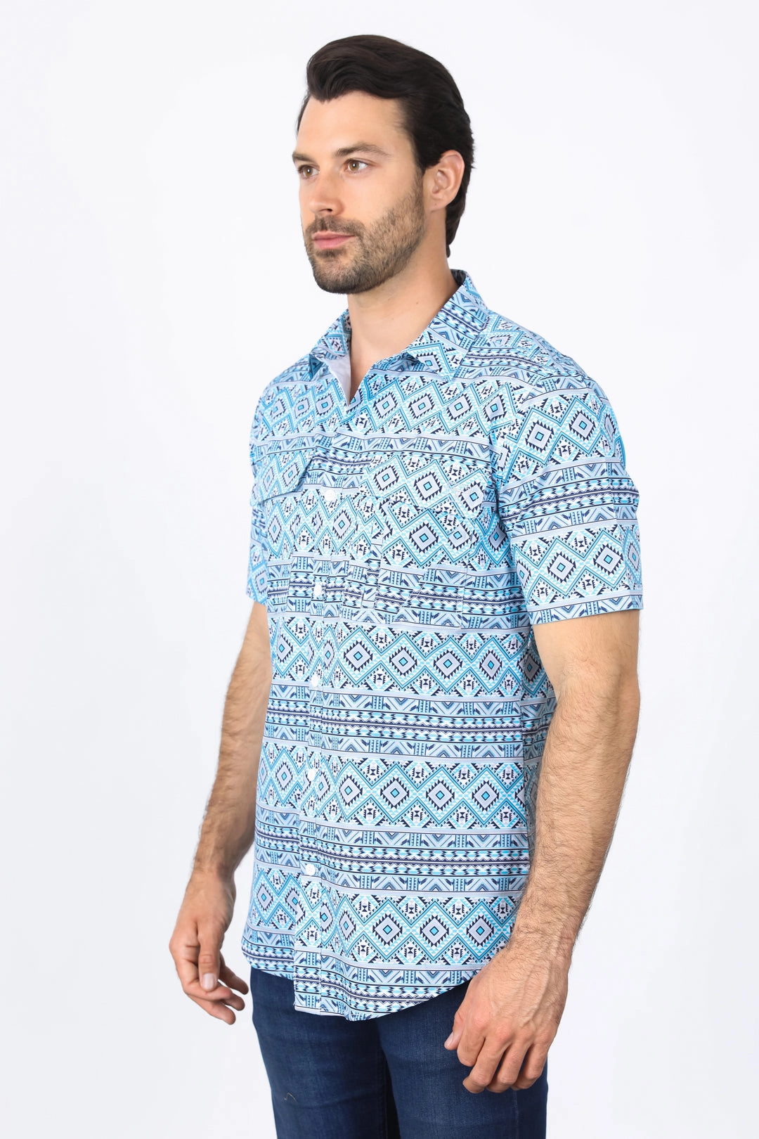 Mens Performance Classic Fit Western Short Sleeve Aztec Print White/Blue Shirt High-Quality Material Graphic Art