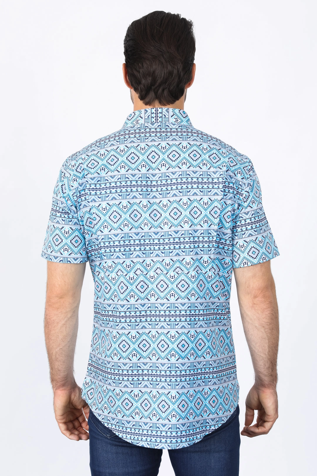 Stylish Detail Tall Option Mens Performance Classic Fit Western Short Sleeve Aztec Print White/Blue Shirt