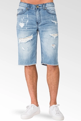 Light Sanded Blue Relaxed Premium Denim Cut Off Shorts Distressed Mended Raw Edge elastic waistband