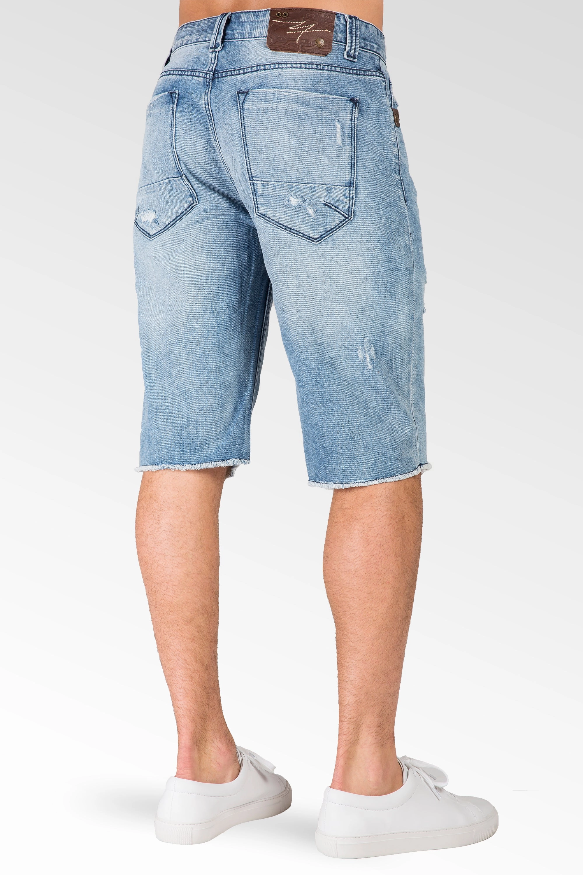 AntiPillingFabric Light Sanded Blue Relaxed Premium Denim Cut Off Shorts Distressed Mended Raw Edge