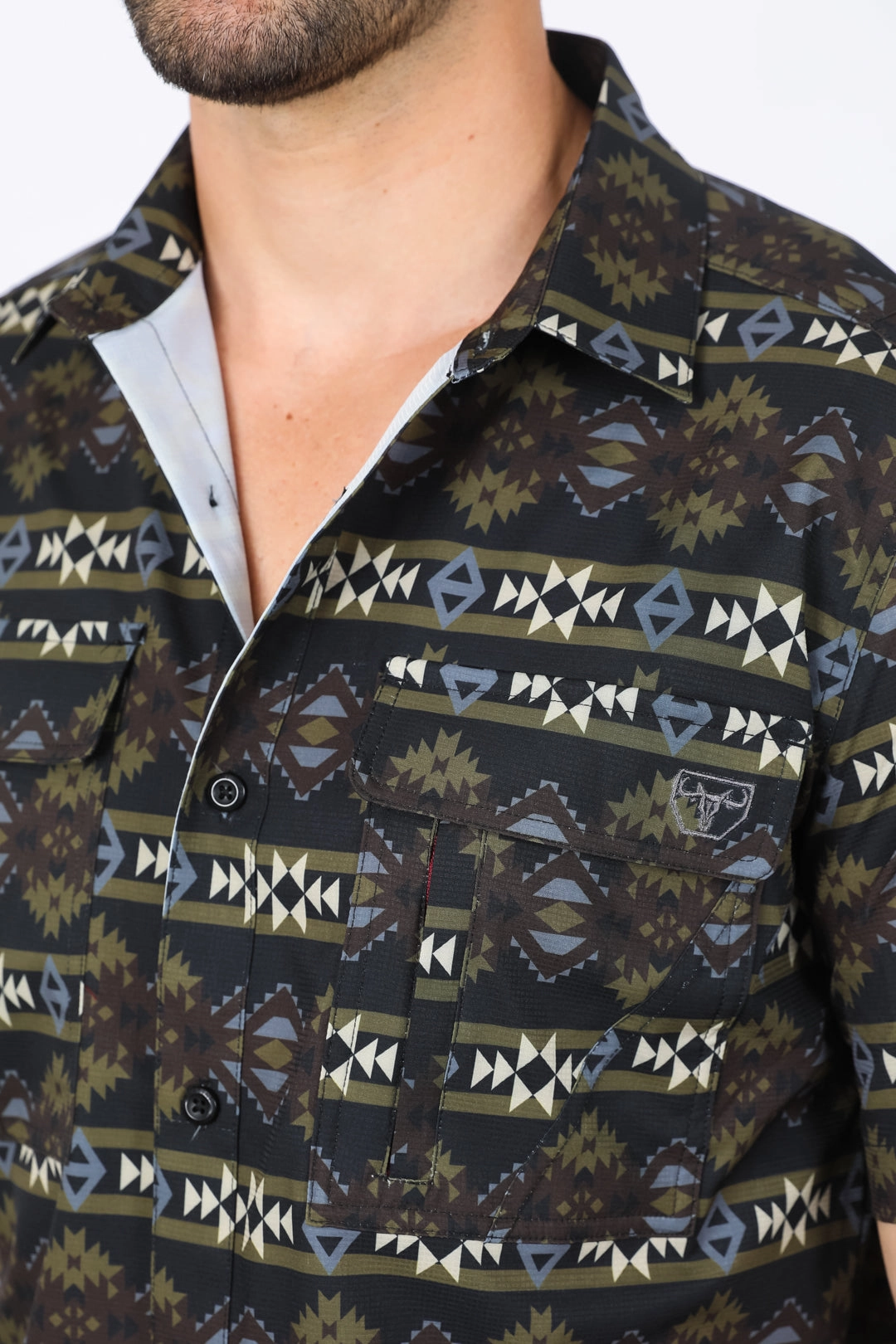 Mens Performance Classic Fit Western Short Sleeve Aztec Print Black Shirt Flexible Knit