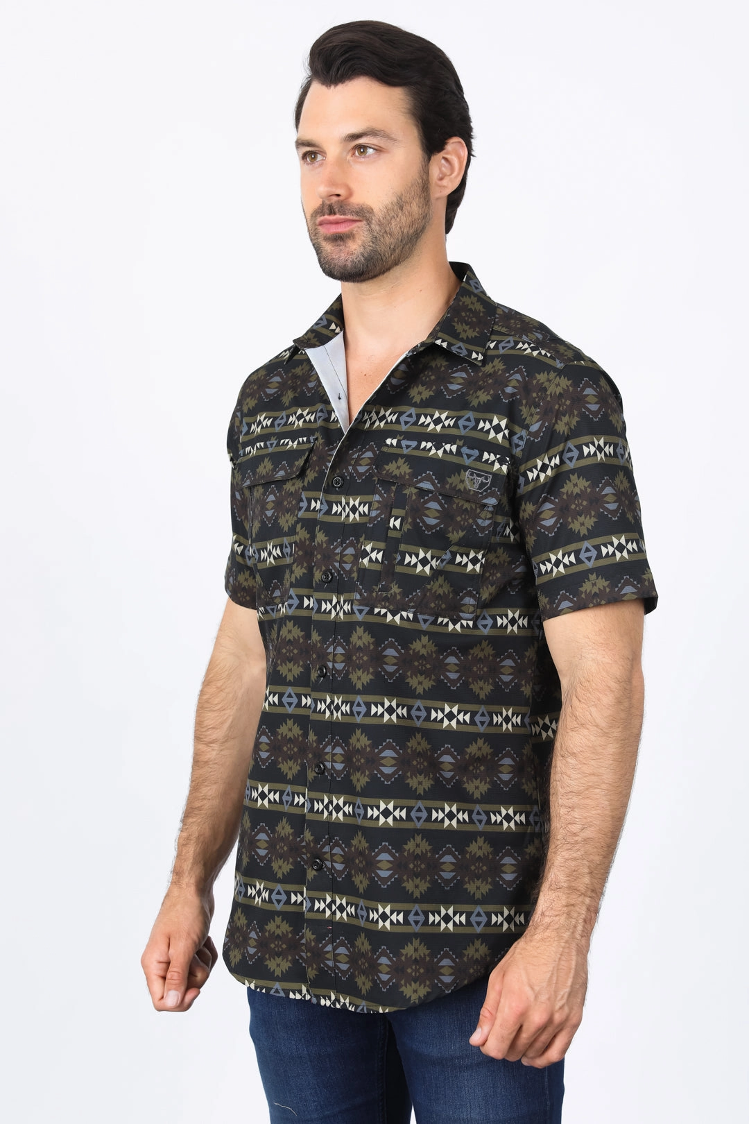 Bold Statement Mens Performance Classic Fit Western Short Sleeve Aztec Print Black Shirt