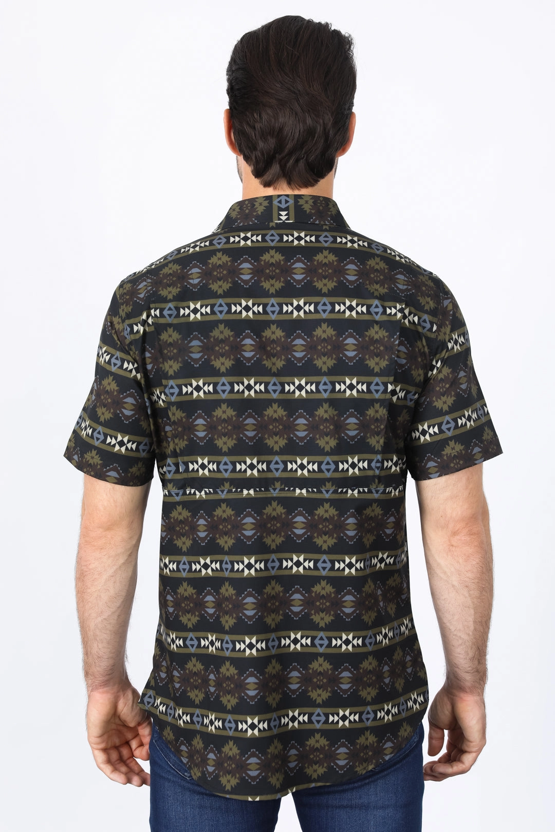 Tall Length Mens Performance Classic Fit Western Short Sleeve Aztec Print Black Shirt