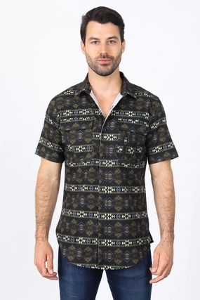 Mens Performance Classic Fit Western Short Sleeve Aztec Print Black Shirt hypoallergenic