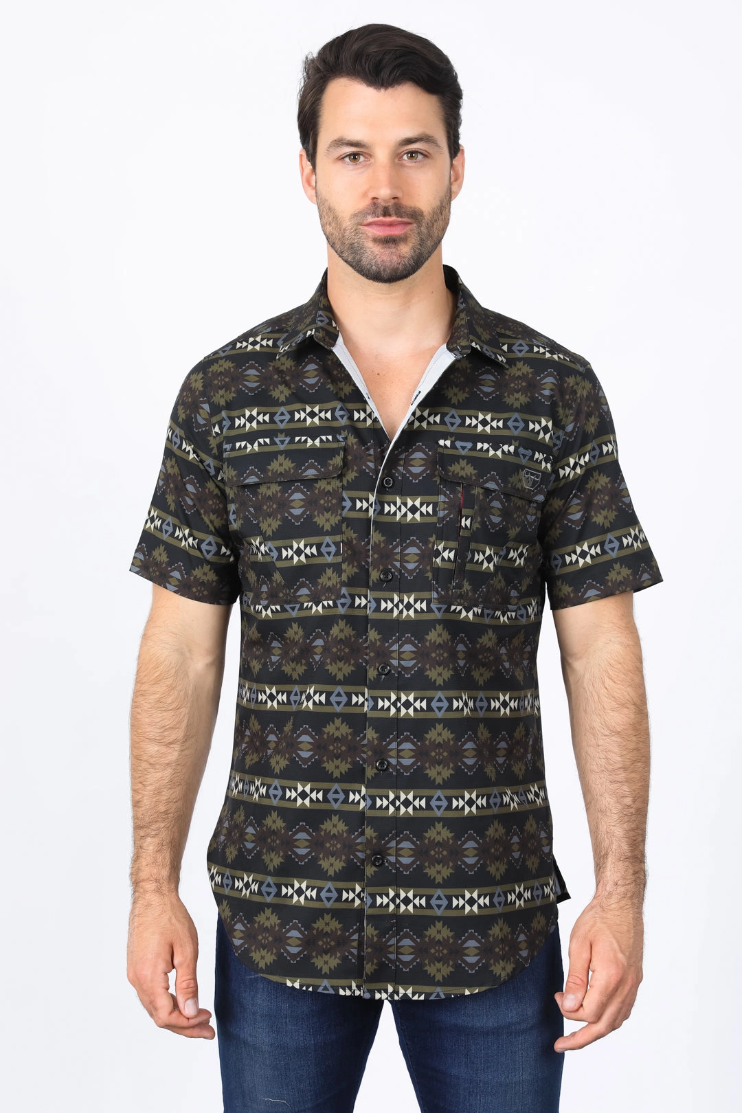Mens Performance Classic Fit Western Short Sleeve Aztec Print Black Shirt hypoallergenic