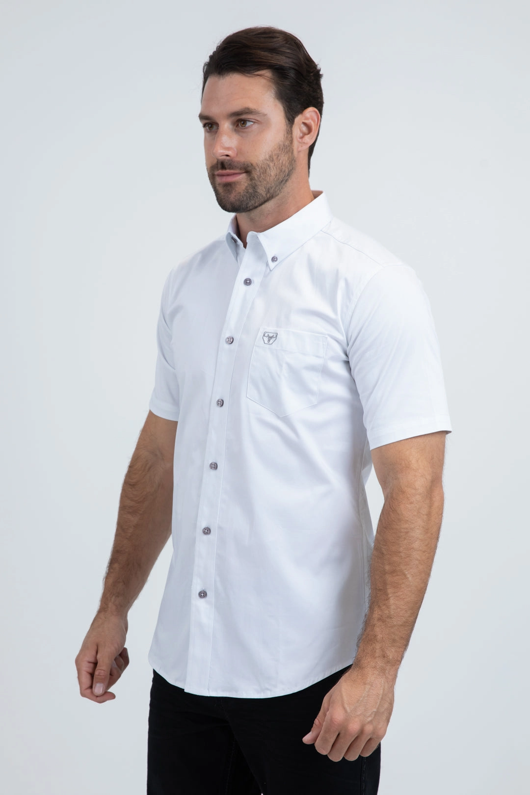 Lightweight Material Eco Friendly Material Men??s Single Pocket Logo Modern Fit Stretch White Short Sleeve Shirt