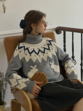 Cielo Turtleneck SR Exclusive Bunny Design Fair Isle Wool Sweater AntiPillingTechnology
