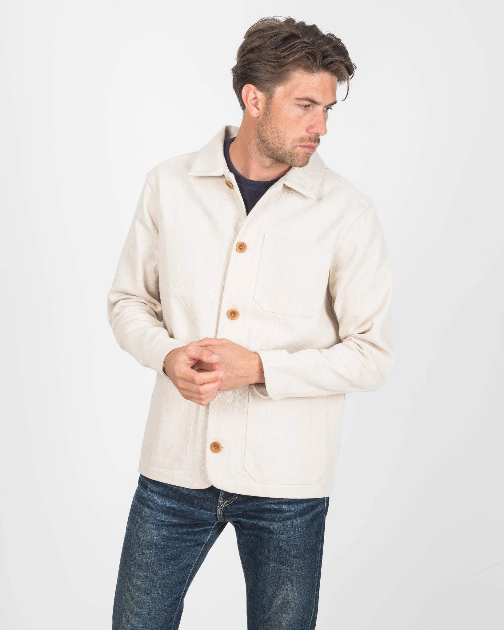 STF 11.5oz Undyed Bull Denim Chore Jacket - Ecru Day Hike Style