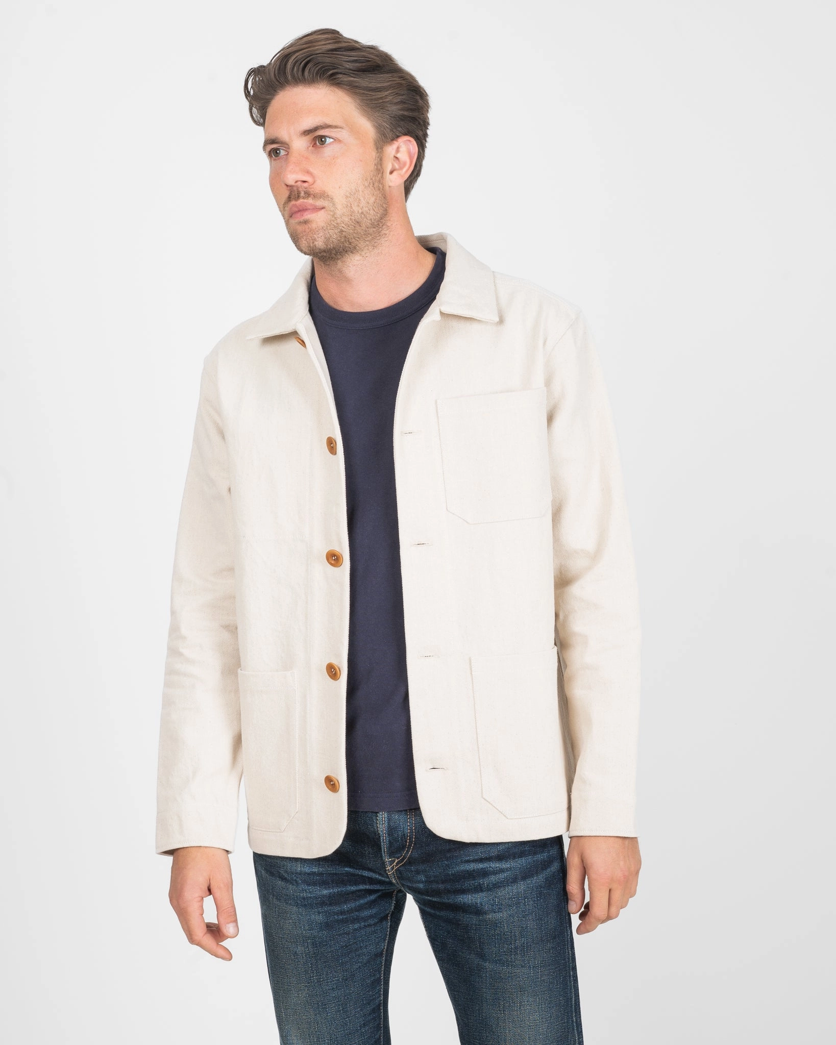 STF 11.5oz Undyed Bull Denim Chore Jacket - Ecru Lightweight Waterproof Jacket Taped Seam Waterproofing