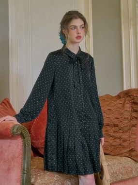 Elegant Skirt Violet Lapel Dots Pleated Dress