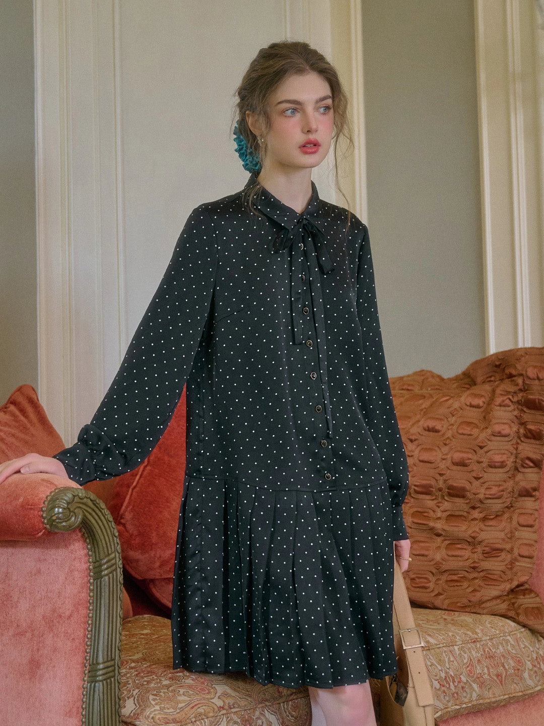 WaterRepellentFinish Quiet Charm Violet Lapel Dots Pleated Dress