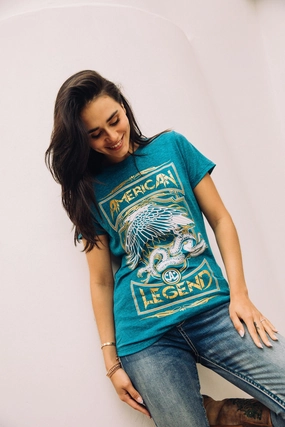 Women's Cotton American Legend Graphic Print Blue T-shirt Minimalist Wear Double Stitched Seams