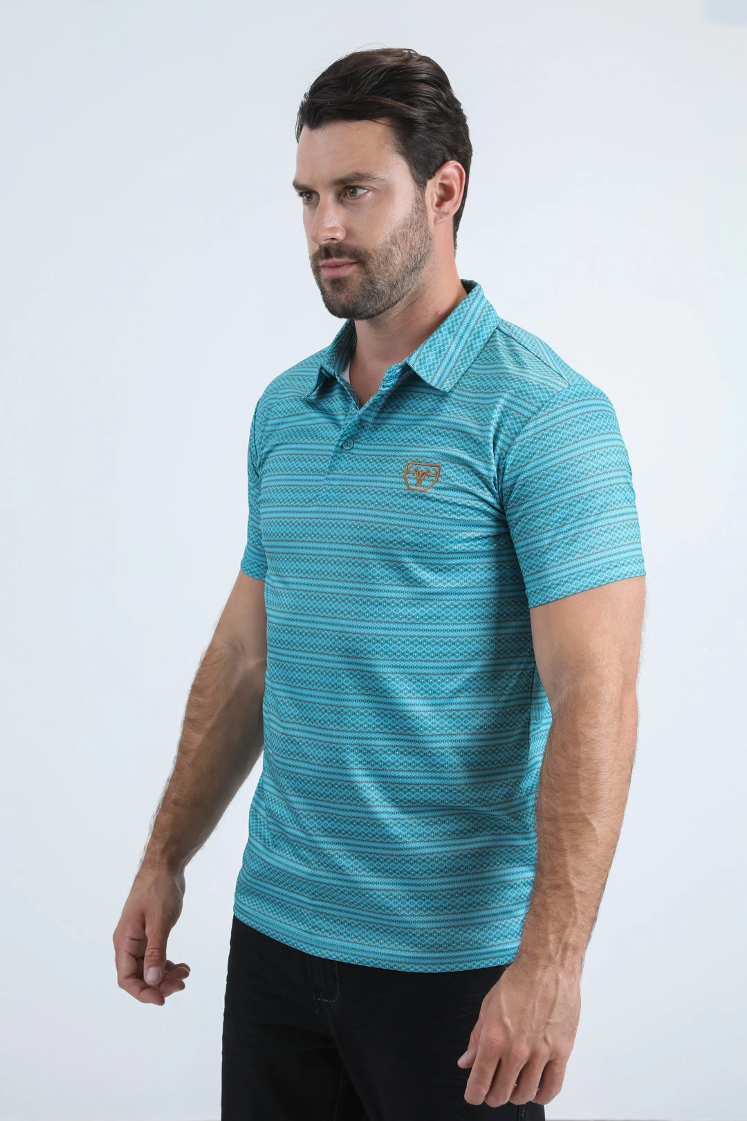 Mens Performance Fabric Modern Fit Stretch Aztec Print Blue Polo FadeResistant Dye Optimal Airflow Texture