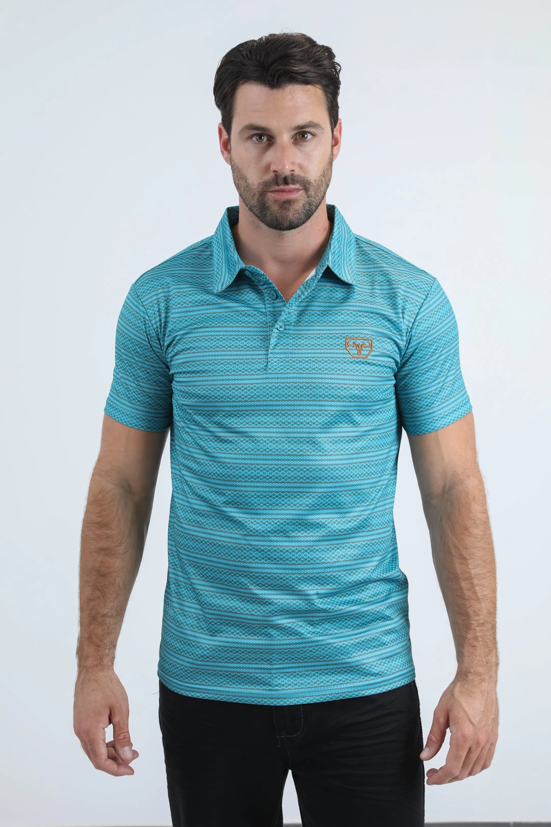 Weekend Outing Mens Performance Fabric Modern Fit Stretch Aztec Print Blue Polo