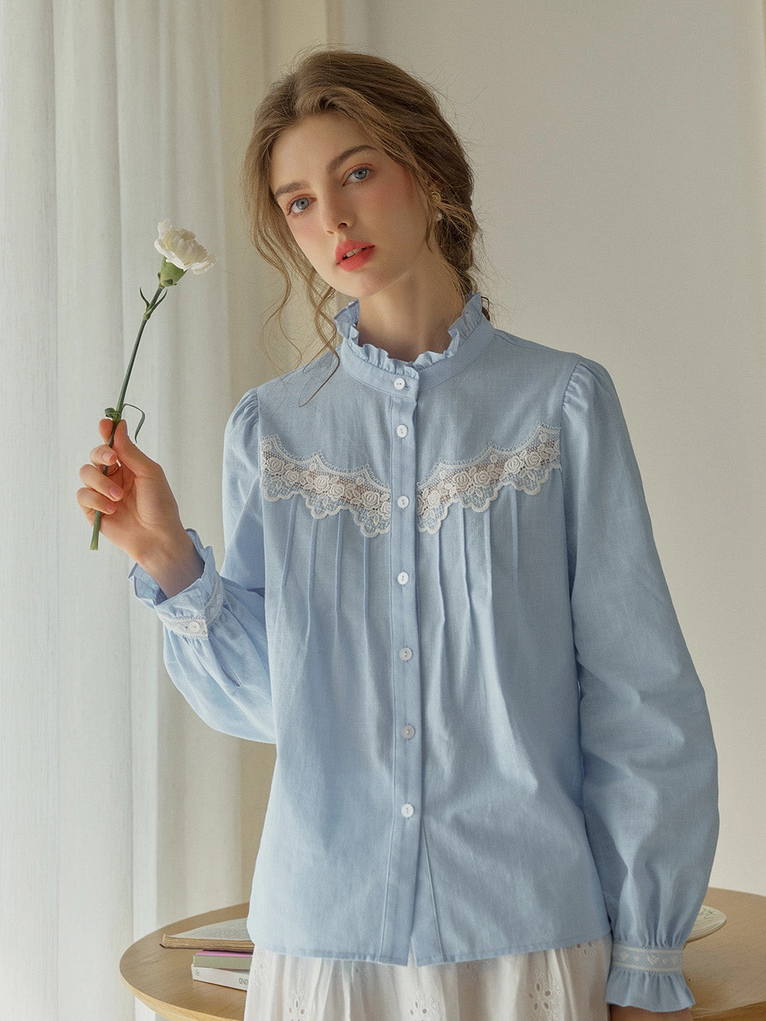 Casual Protection OdorControl Treatment ??Final Sale??Kitty Wavy Stand Collar Lace Blouse - Blue
